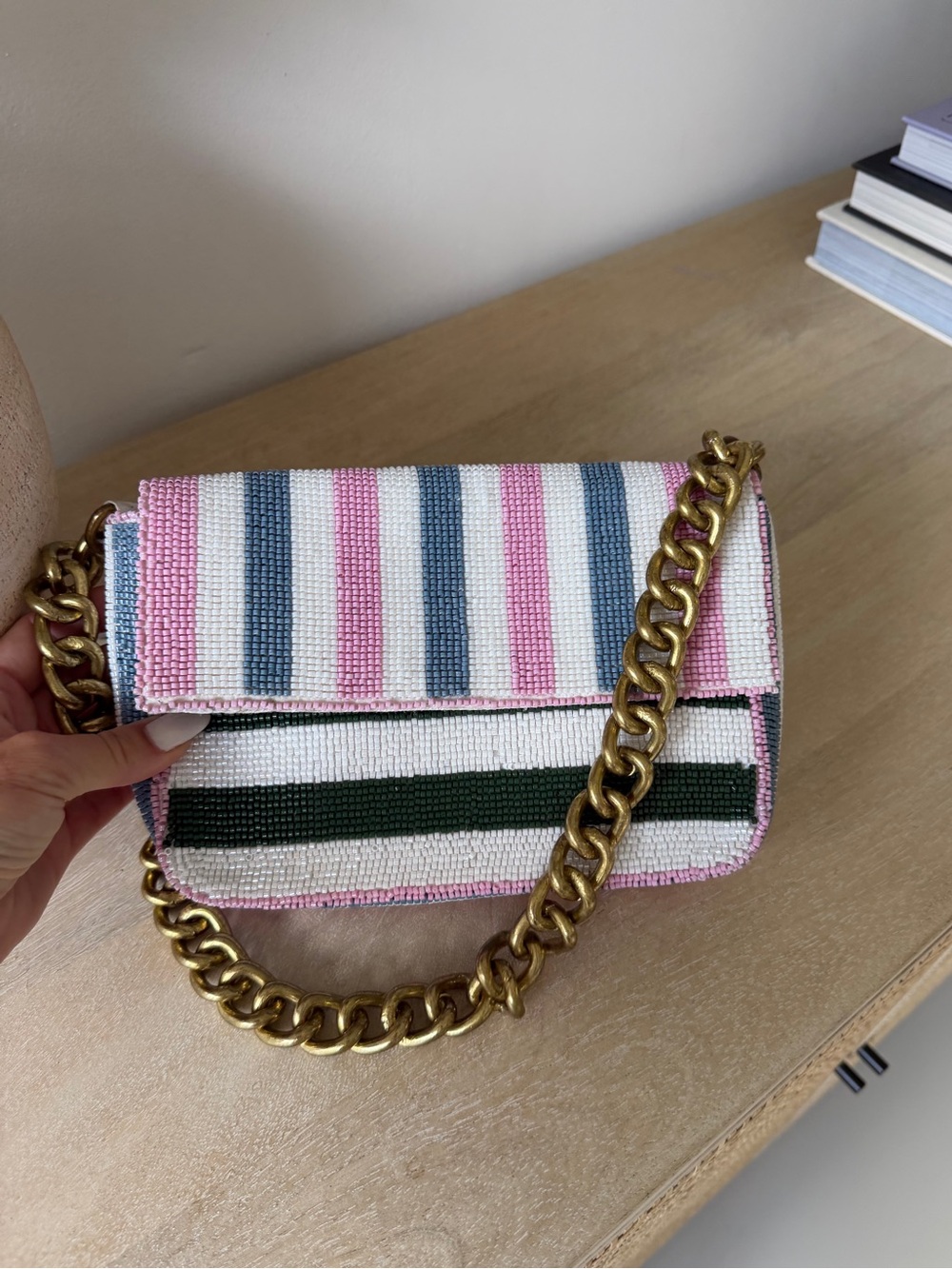 Beaded Stripe Shoulder Bag in Pink, Blue & Green with Gold Chain